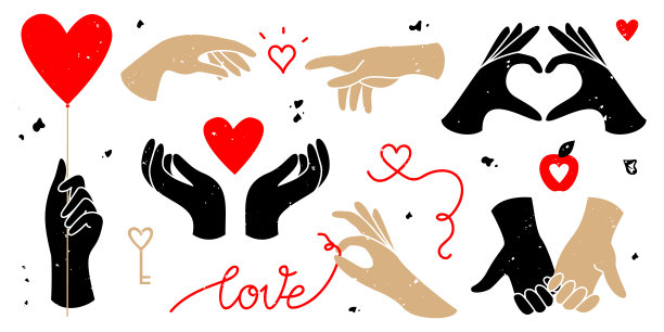 一套手和心的形状。爱情、夫妻、浪漫的概念。牵手剪影，缠绵，浪漫的手势。最小抽象集合的潮流手绘向量。图片下载