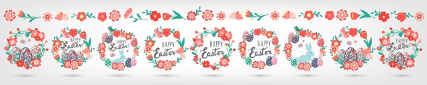 复活节装饰手绘可爱的花环，有鸡蛋、鲜花、树叶、小兔子、蝴蝶、小鸟、文字。刻字复活节快乐。春天五彩缤纷的花卉向量集合。抽象涂鸦集插图图片下载