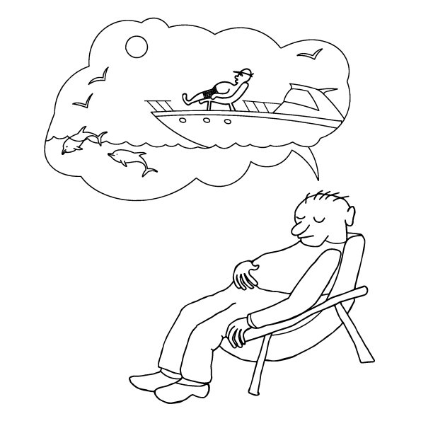 一个男人睡在扶手椅上，梦想着在海上度假。单色插图图片下载
