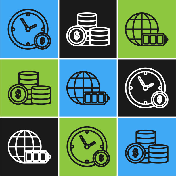 设定线时间就是金钱，电池充电水平指示器与地球和硬币金钱与美元符号图标。向量图片下载