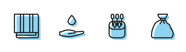 用棉签擦耳朵，毛巾堆，用肥皂洗手和垃圾袋图标。向量图片下载