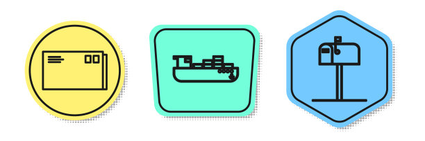 套线信封，货船与箱子交付服务和打开邮箱。颜色的形状。向量图片下载