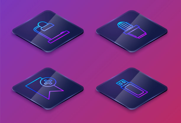 设置等距线台灯，书签，仙人掌和多肉在花盆和u盘。蓝色方块按钮。向量图片下载