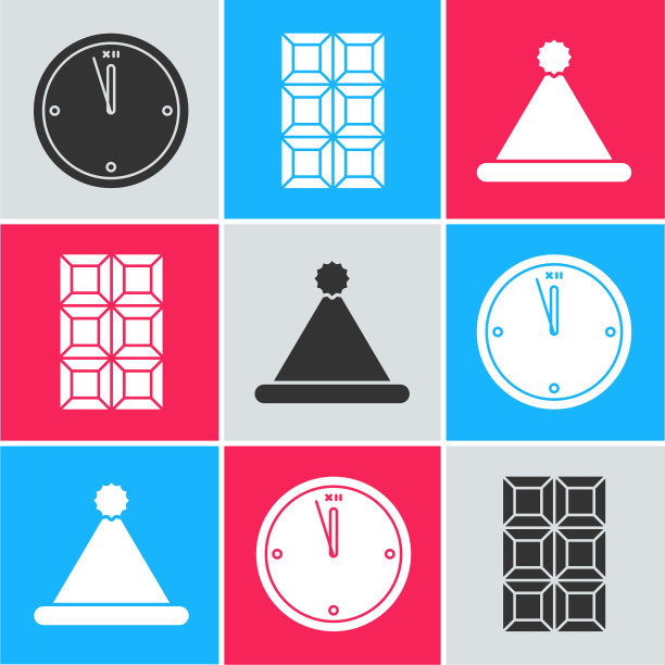 设置时钟，巧克力棒和圣诞老人的帽子图标。向量图片下载