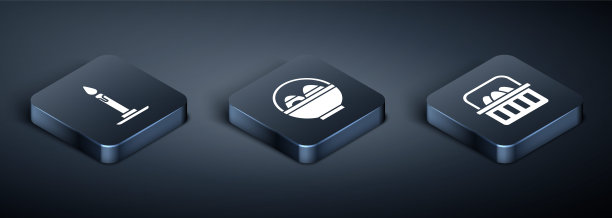 设置等距燃烧蜡烛烛台，篮子与复活节蛋和篮子与复活节蛋图标。向量图片下载