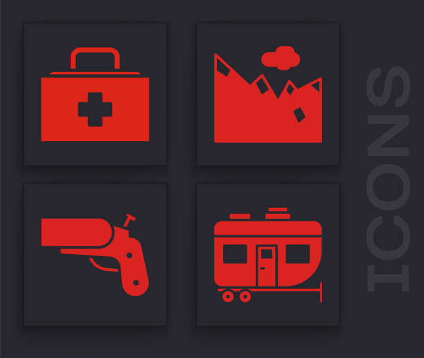 设置房车露营拖车，急救箱，山和信号枪手枪图标。向量图片下载