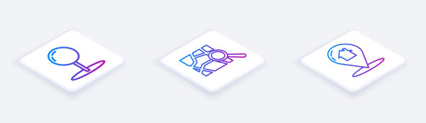 设置等距线推销，折叠地图与位置标记和地图指针与房子。白色正方形按钮。向量图片下载