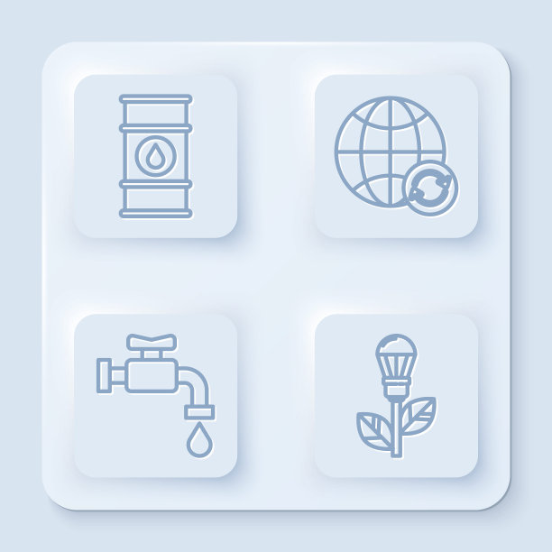 油桶线，行星地球和一个回收，水龙头和灯泡叶。白色正方形按钮。向量图片下载