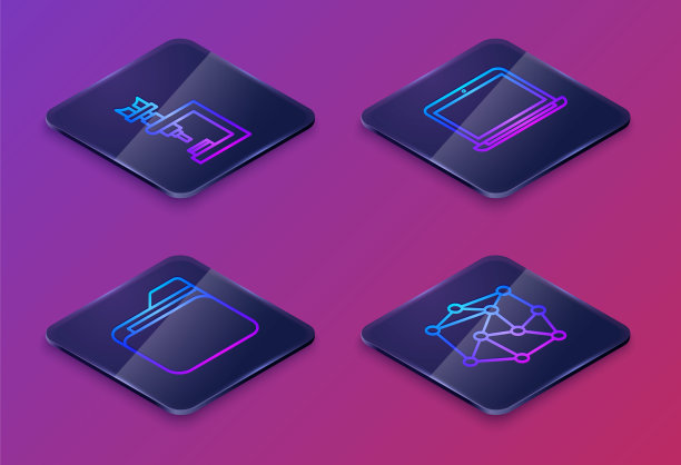 设置等距线显微镜，文件夹，笔记本电脑和神经网络。蓝色方块按钮。向量图片下载