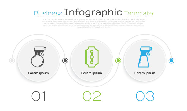 设有发型师手枪喷瓶、刀片剃须刀和发型师手枪喷瓶。业务信息模板。向量图片下载