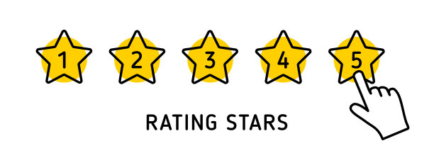 星矢量率5评论图标。五星率黄色行质量黄金符号排名与手指指针光标孤立在白色。矢量插图eps 10图片下载