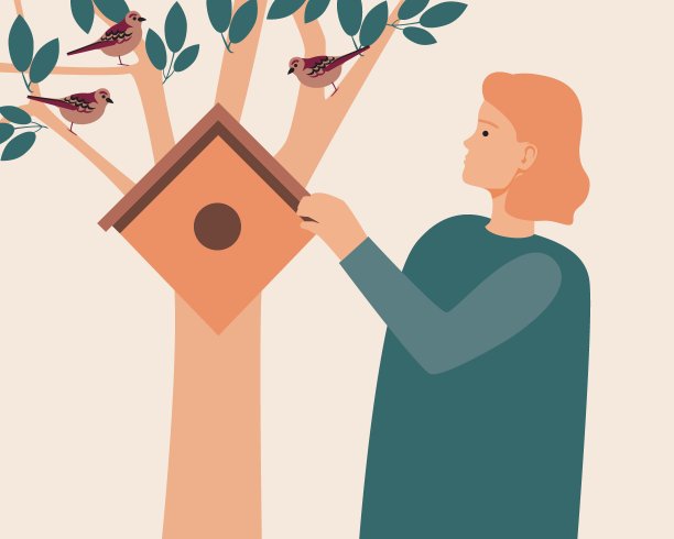 年轻人悬挂鸟舍，鸟类平面载体stock插图与鸟类和饲料为自然护理概念图片下载