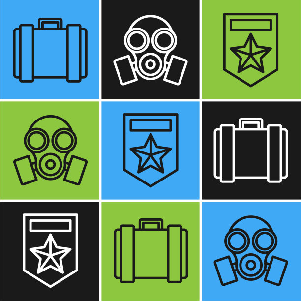 设置线军用弹药箱，Chevron和防毒面具图标。向量图片下载