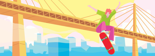 人玩滑板和空中跳跃的低角度视图，背景桥和城市景观视图，插图图片。图片下载