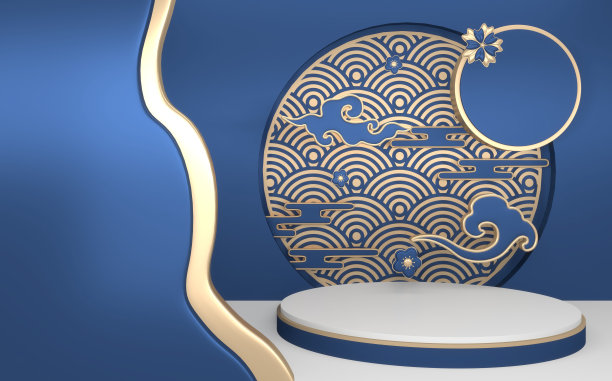 蓝色领奖台，最小领奖台几何和装饰颜色日本色调。三维渲染图片下载