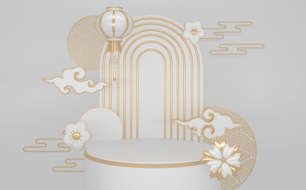 金色裙房最小几何白色和金色抽象风格。三维渲染图片下载