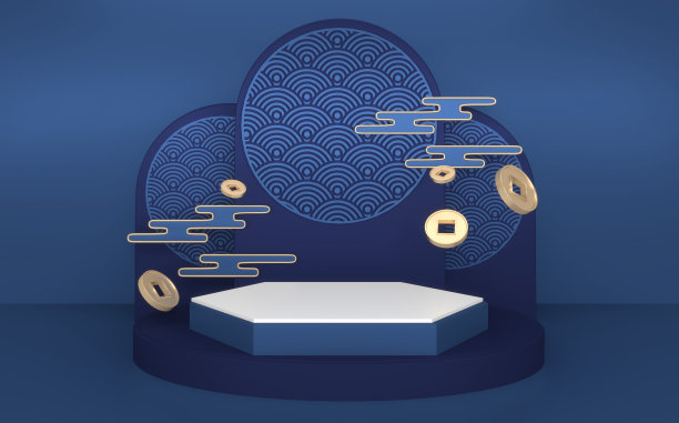 蓝色领奖台，最小领奖台几何和装饰颜色日本色调。三维渲染图片下载