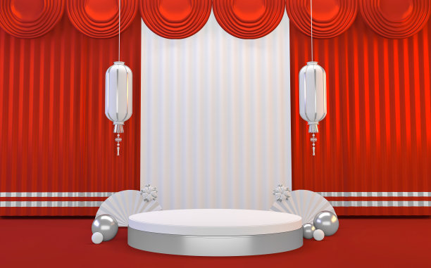 3D渲染。红色中国裙房最小几何图片下载