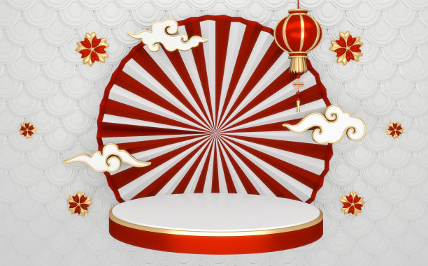 红色日本裙摆展示了日本几何造型的化妆品。三维渲染图片下载