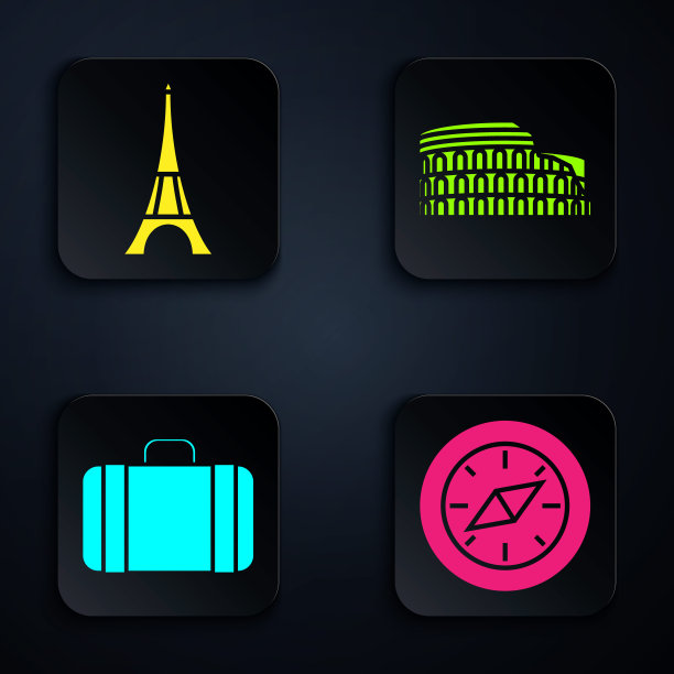 设置指南针，埃菲尔铁塔，旅行箱和罗马，意大利的竞技场。黑色方形按钮。向量图片下载