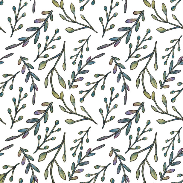 无缝模式与风格化的树枝和树叶在一个白色的背景。图片下载