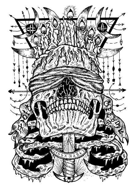 黑白插图用吓人的盲剑刺着骷髅，四周是神圣的几何图案。图片下载