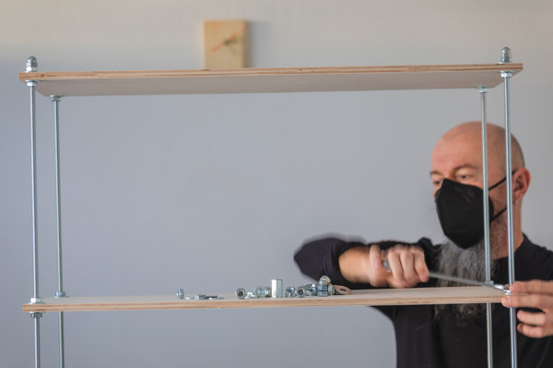 2019冠状病毒病检疫，在家工作，人装配胶合板工业式货架图片下载