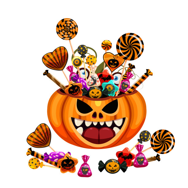 万圣节南瓜袋装满糖果和篮子图片下载