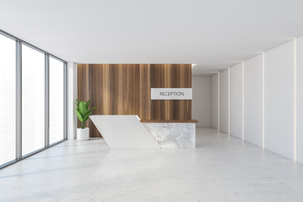 白色木质前台，白色地板，靠近窗户图片下载