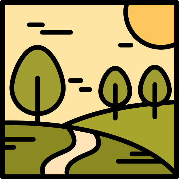 风景，路径，树木，草地，自然，太阳，天空，卡通图片下载