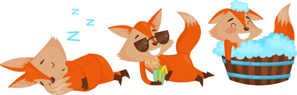 有趣的橙色狐狸睡觉和洗澡设置图片下载