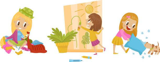 淘气的女孩在墙纸上乱画乱撕图片下载