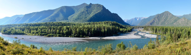 阿尔泰卡顿河谷全景。在山里旅行和度假。图片下载