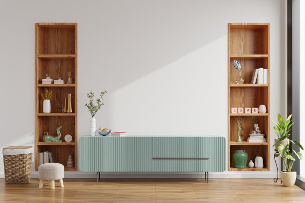 橱柜在现代的空房中，极简的设计。素材图片