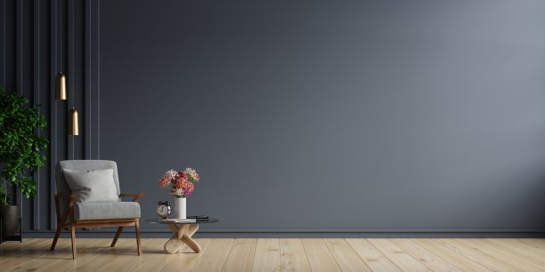 室内有一张扶手椅，背景是空荡荡的深色墙壁。图片下载