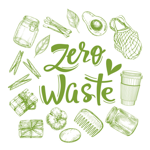 零废绿色书法白底字。手绘示意图图片下载