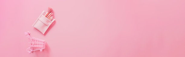 购物化妆品的概念从腮红刷集和手推车在粉红色的背景。网络横幅的尺寸。图片下载