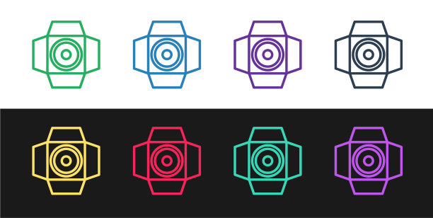 设置线电影聚光灯图标孤立在黑色图片下载