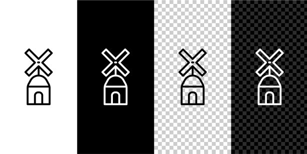设置线风车图标孤立在黑色和白色图片下载