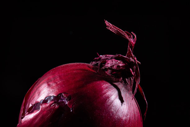 一个红色的洋葱在黑色的背景。图片下载