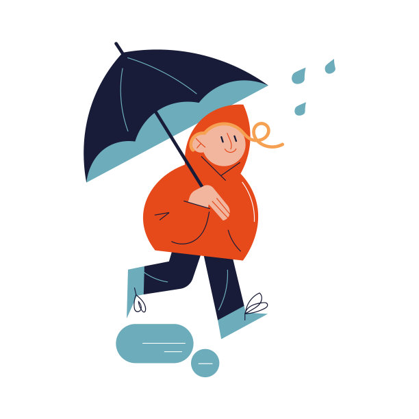 快乐的孩子撑着雨伞在雨天行走图片下载