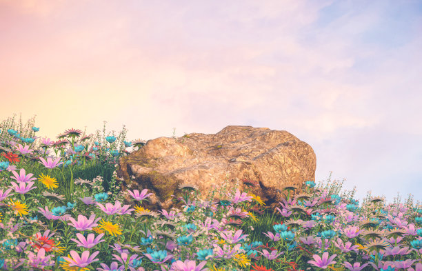 自然美景领奖台背景与春花田景色。图片下载