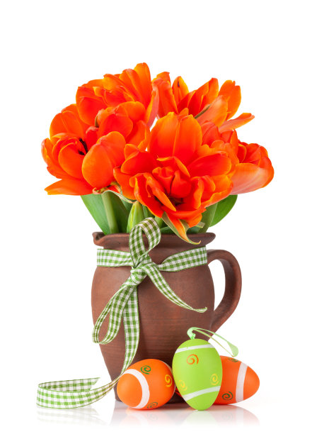 带有复活节彩蛋和郁金香花的复活节贺卡图片下载