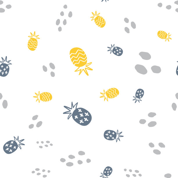 夏季彩色菠萝无缝设计。床单和衣服的图案。北欧香蕉黄色和灰色有趣的图案。可爱的婴儿风格的纺织面料卡通装饰品图片下载