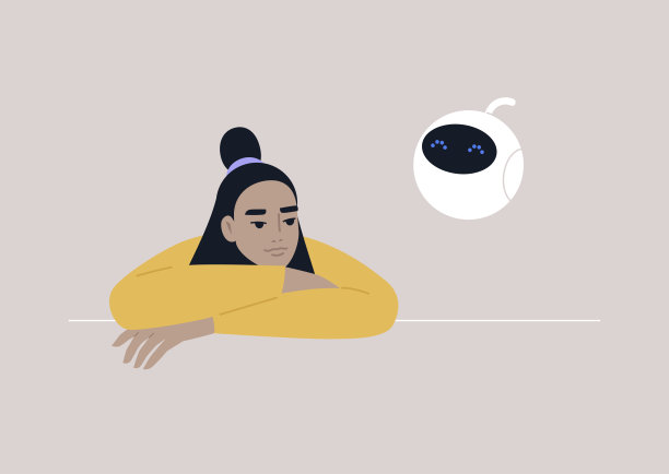 一个年轻的亚洲女性角色正在和一个可爱的圆形机器人说话，这是一个人工智能的概念图片下载