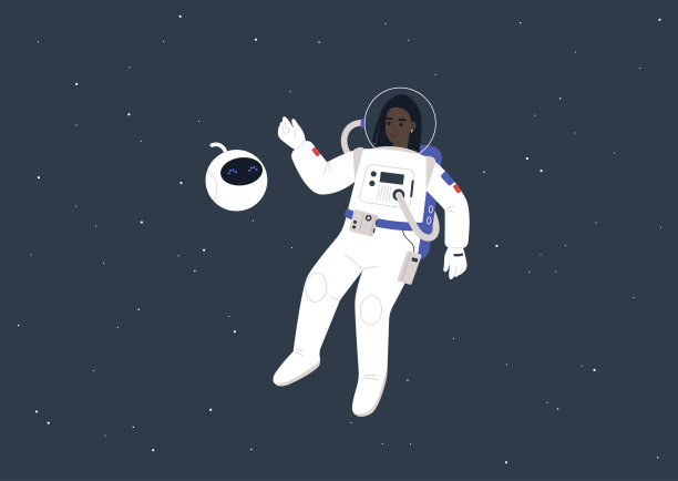 一个穿着太空服的年轻黑人女宇航员和一个可爱的圆形机器人漂浮在外太空，一个未来的生活概念图片下载