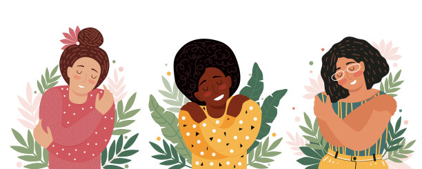 关爱自己、关爱自己、接纳自己、健康生活方式、身体积极、心理健康。一套矢量插图与不同的女性角色。闭上眼睛的女人微笑着拥抱自己图片下载