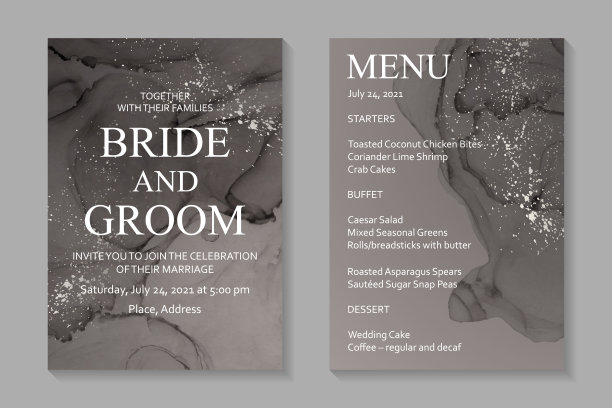 婚礼邀请与灰色水彩波浪或流动艺术在酒精墨水风格与银色闪光。图片下载