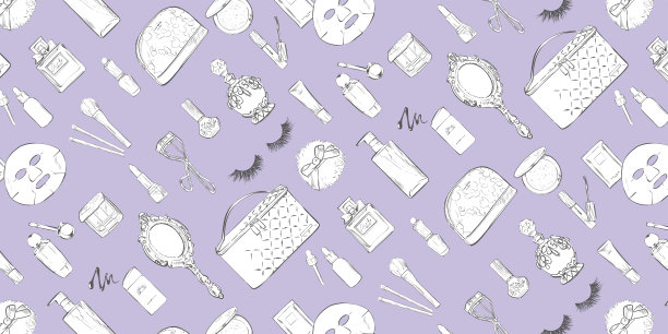 手写线条艺术的化妆项目和化妆品。白色的颜色。向量无缝模式。图片下载