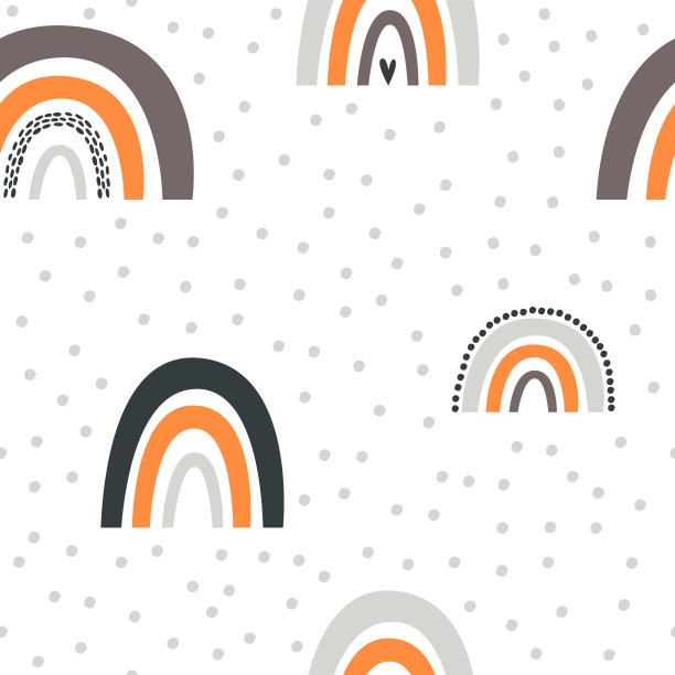 无缝图案与可爱的苗圃彩虹。橙色，灰色的彩虹条纹。斯堪的纳维亚有趣的打印。用于布料、包装、纺织品、墙纸、服装的儿童纹理。矢量平面卡通插图图片下载